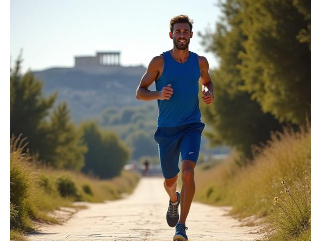 Ένας άντρας κάνει τζόκινγκ σε ένα πάρκο της Αθήνας με φόντο αρχαιολογικά μνημεία, δείχνοντας την ενσωμάτωση της άσκησης στο αστικό περιβάλλον.