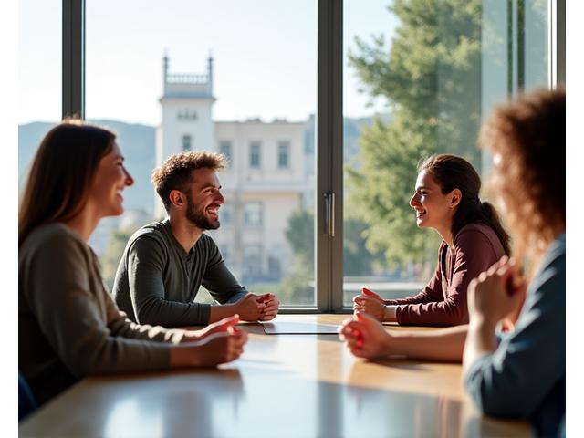Μια ομάδα ανθρώπων με χαμόγελα, σε ένα σύγχρονο, φωτεινό χώρο, που συζητούν και συνεργάζονται, συμβολίζοντας την κοινότητα και τη συνεργασία.