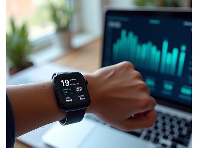 Μια γυναικεία χέρι κρατά ένα smart watch που εμφανίζει δεδομένα καρδιακών παλμών, ενώ στο βάθος φαίνεται ένας υπολογιστής με γραφήματα δεδομένων υγείας.