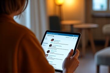 Άτομο που χρησιμοποιεί ένα tablet σε ένα φιλικό online φόρουμ κοινότητας.