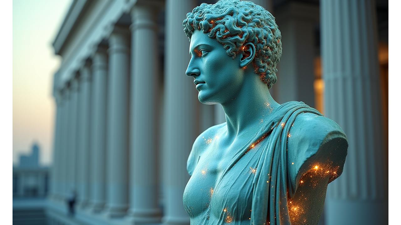 Αρχαίο ελληνικό άγαλμα με φουτουριστικά στοιχεία, που συμβολίζει τη σύνδεση αρχαίας σοφίας και σύγχρονης τεχνολογίας ευεξίας